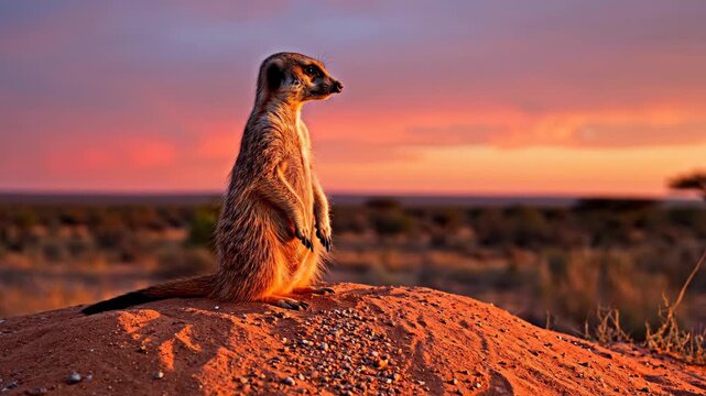 Meerkat standing alert on sand dune at African sunset