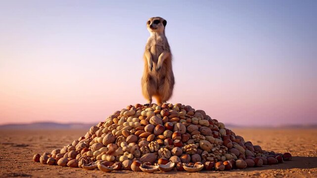 Meerkat stands on large pile of nuts in desert landscape at sunset