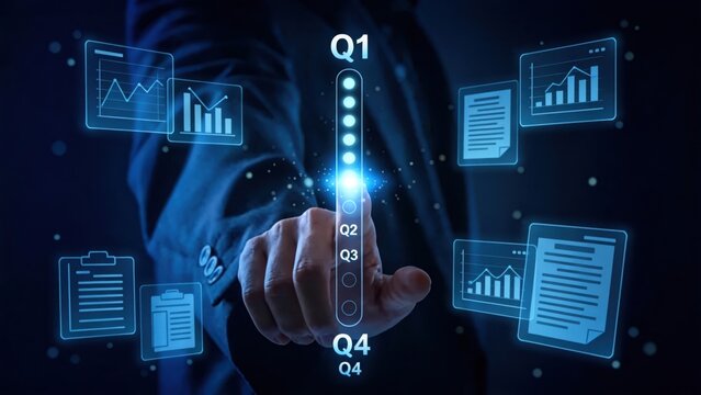 Quarterly business review dashboard with Q1 Q2 Q3 Q4 interface,financial analytics and performance reports visualization,corporate strategy monitoring and data driven management