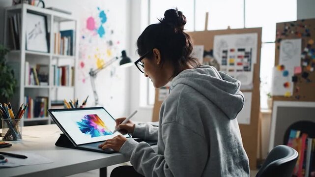 Young woman artist working on digital tablet in creative studio space.