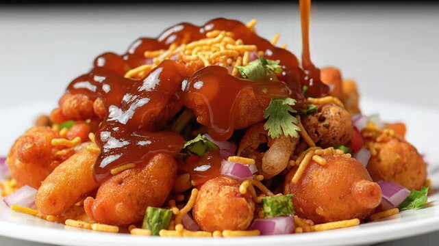 Pouring Sweet Tamarind Chutney on Delicious Indian Chaat Dahi Puri