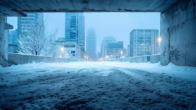 Urban winter scene of an empty concrete parking garage level with snow drifts blown onto floor, city buildings, and cold blue tone colors.