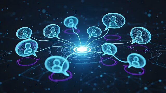 Social media network and community communication. Digital marketing and user engagement. Glowing blue speech bubbles with person icons connected in a decentralized web system