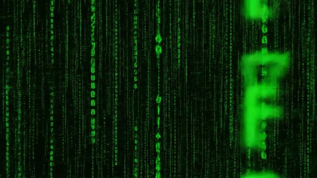 Vertical green code streams cascade on a dark background, evoking a digital rain effect