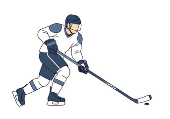 Fototapeta premium Hockey player in dynamic pose, skating with stick and puck, illustration, action shot, sports scene