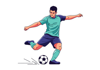 A male soccer player kicking a soccer ball with dynamic motion in a sports illustration from a close-up viewpoint © rizky