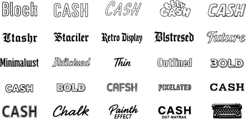 Diverse Font Styles and Text Effects Showcase: A typography collection featuring examples like Block, Retro, Italicized, Bold, Outlined, Pixelated, Chalk, Paint, and Dot Matrix text variations. © pixsource