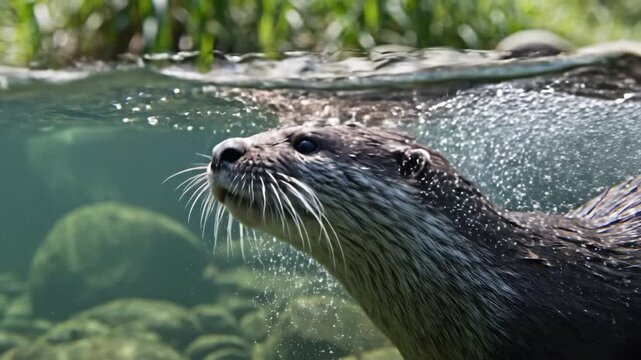 Otter swimming partially submerged in clear river water with bubbles