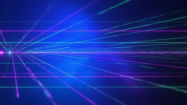 Vibrant, angled laser light rays emanate from a central point, creating a digital, futuristic abstract