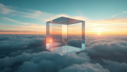 Holographic geometric cube in a serene lake at sunset, blending digital and natural worlds. Perfect for concepts of neuroaesthetics, digital detox, and