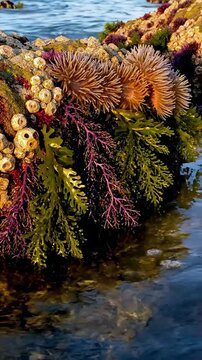 Luminous Water Dance Emphasize the mesmerizing play of light and shadow as clear ocean water ebbs and flows, creating dynamic reflections and refractions over the vibrant marine life.