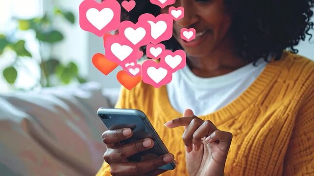 A happy young woman is actively engaging with her smartphone, receiving many