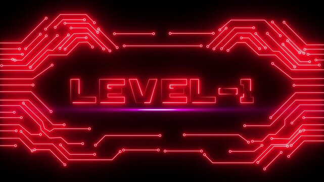 Red futuristic hud overlay with level 1 text, glowing cyberpunk circuit board frame for gamers, neon digital interface for gaming stream and video.