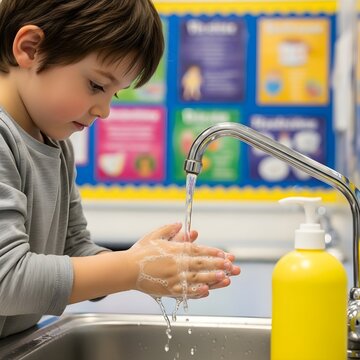 Young boy washing hands with soap and water at school sink