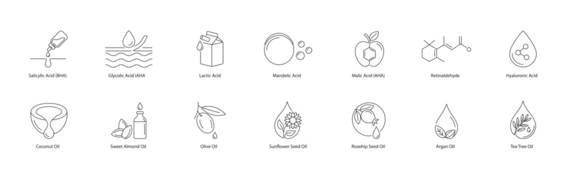 Alpha Hydroxy Acids and Essential Skincare Oils Vector Icons: Glycolic Acid, Retinaldehyde, and Botanicals Line Art