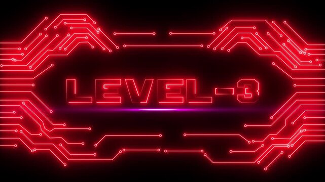 Red futuristic gaming level 3 overlay with glowing neon lines, cyberpunk progress interface for streamers, digital game level design with tech effect.