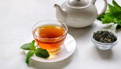 Cup With Organic Tea And Teapot On White Stone Table Background