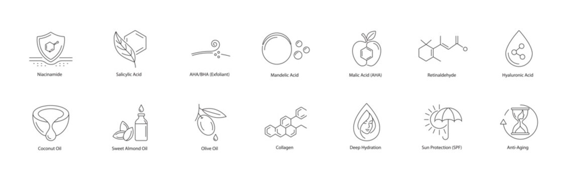 Premium Cosmetic Ingredients, Exfoliating Acids, and Botanical Oils Vector Icons Line Art