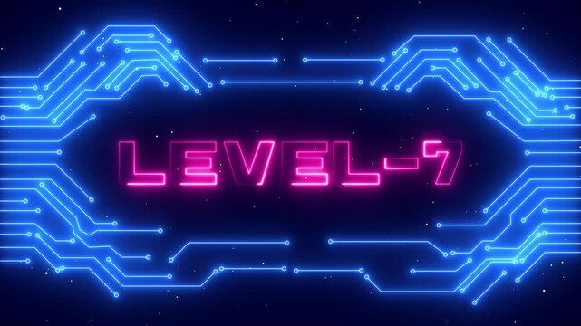 Level 7 Neon Blue Circuit Gaming Background Futuristic Cyber Digital Interface Technology Loop 4K Animation