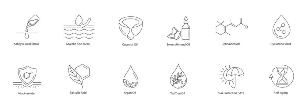Clarifying Skincare Actives, Essential Oils, and Retinaldehyde Vector Icons Line Art