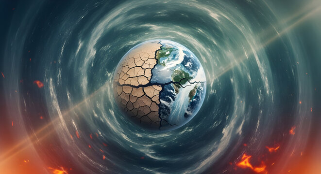 Apocalyptic view of earth in a swirling vortex, half cracked and dry, symbolizing climate change, global warming, and environmental disaster