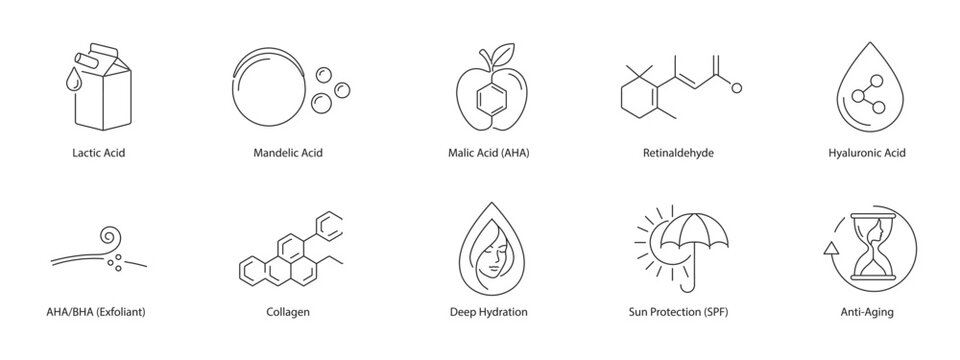 Advanced Skincare Routine Vector Icons: AHA Acids, Retinaldehyde, Hyaluronic Acid, and SPF Sun Protection Line Art