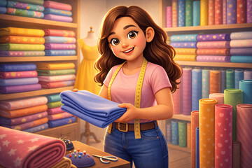 Young Fashion Designer Holding Fabric in Colorful Textile Shop &ndash; 3D Illustration