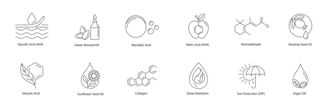 Skincare Formulas and Organic Oils Vector Icon Set: AHA Acids, Retinaldehyde, Collagen, and SPF Protection Line Art
