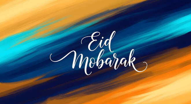Eid mobarak beautiful calligraphy on abstract blue and orange brush stroke background for greeting card or banner design