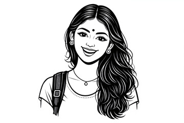 Black and White Line Art Portrait of Smiling Indian College Girl with Backpack