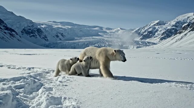 Polar bear and two cubs walking in snowy Arctic landscape