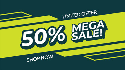 Fototapeta premium Modern mega sale promotional banner with green geometric background, and bold typography.