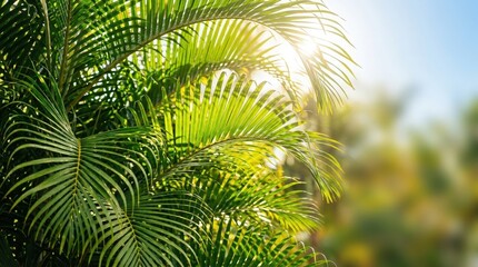 Fototapeta premium Sunlit palm fronds against a bright blue sky and soft bokeh leaves