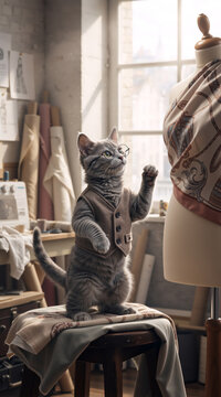 Cat fashion designer wearing vest and glasses working in atelier. Vertical photo of funny pet tailor concept