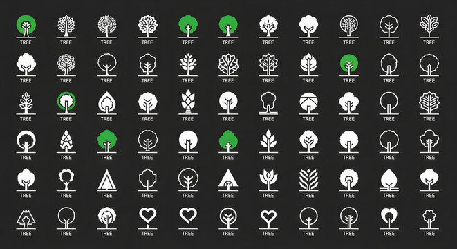Collection of diverse icons representing various themes on a dark background viewed from a straightforward perspective in a graphic illustration