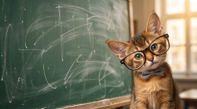 Ginger kitten wearing glasses and a bow tie in front of a green chalkboard. Smart kitten student or teacher concept. Copy space for text