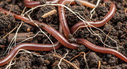 Fototapeta premium Earthworms burrowing into soil with roots and twigs around, viewed from above in a natural environment Whisk_cf0acc1a8a409099f8549d8d683bf8f0dr