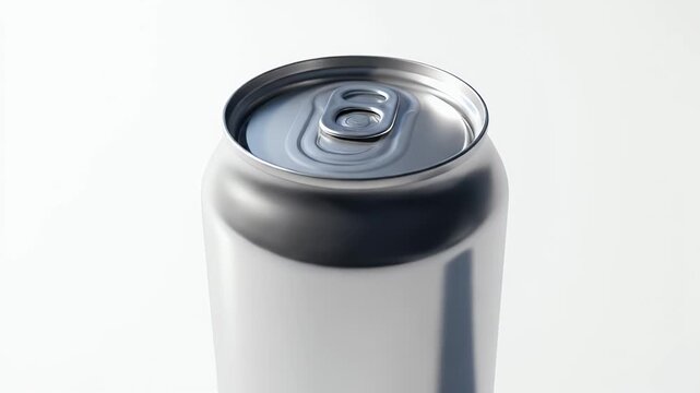 Close-up of an unbranded aluminum beverage can, highlighting the pull tab and sleek metallic finish against a clean white background