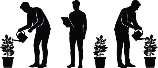 Vector silhouette collection of gardeners watering potted plants and taking notes for professional landscaping garden maintenance and home plant care