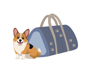Adorable corgi sitting beside a paw-print dog carrier in this vibrant vector illustration. Ideal for pet travel concepts, animal welfare, and playful themes in digital media. © Elena