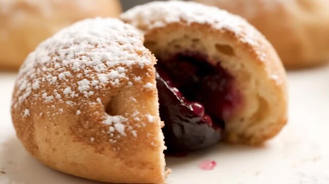 Delicious close-up of a golden sweet bun pastry heavily dusted with powdered sugar, showcasing fresh baked texture and perfect lighting for dessert or breakfast concepts.