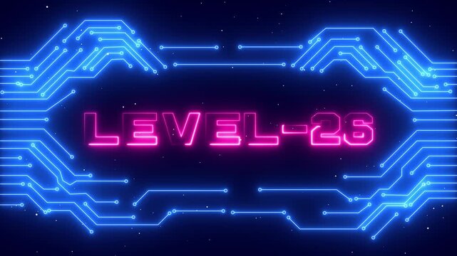 Professional Level 26 Gaming Achievement with Futuristic Neon Glow and High Tech Virtual Background. Esports, Game Competition and Victory Milestone Concept.