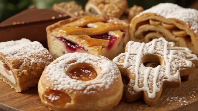 Assortment of decadent European desserts and pastries, including chocolate cake, cream rolls, and berry tarts, displayed beautifully on a wooden platter.