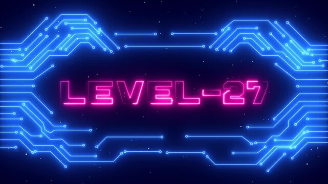 Level 27 Game Progress Interface with Glowing Neon Border and Professional Esports Stage Background. Gaming Mission Success and Digital Level Up Concept.