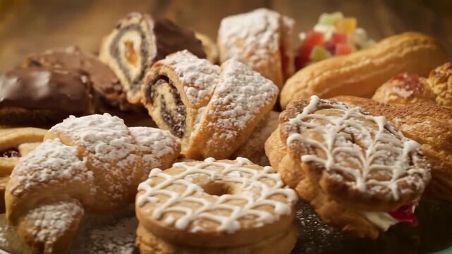 Assortment of Traditional European Pastries and Cookies Including Poppy Seed Rolls, Chocolate Glazed Cakes, and Shortbread Treats Dusted with Powdered Sugar.