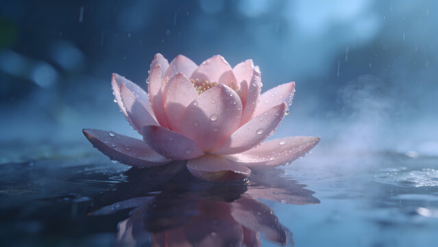 The image features a single, soft pink lotus flower in full bloom, serenely floating on a dark, reflective water surface. The petals are delicately adorned with glistening raindrops, highlighting its 