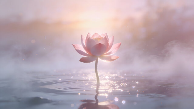 The image features a single, soft pink lotus flower in full bloom, serenely floating on a dark, reflective water surface. The petals are delicately adorned with glistening raindrops, highlighting its 