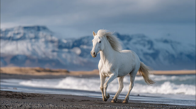 a beautiful white Arabian Horse running towards camera on a black beach