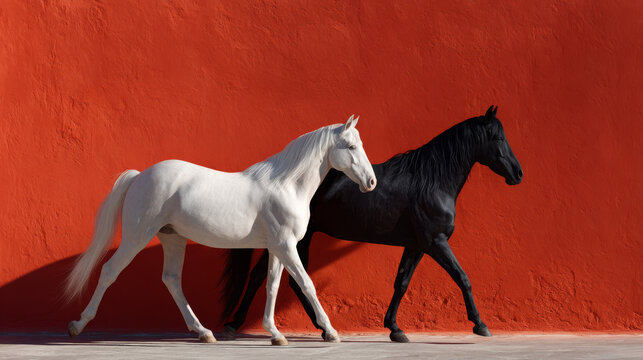 ultra realistic fashion photography of two horses walking side by side
