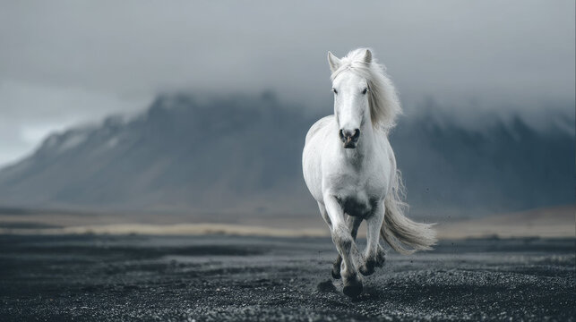 a beautiful white Arabian Horse running towards camera on a black beach